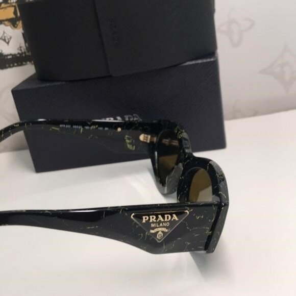 New Authentic Prada SPR 20Z Acetate Oval Symbole Sunglass– Black &Green Marbles" - Picture 13 of 14